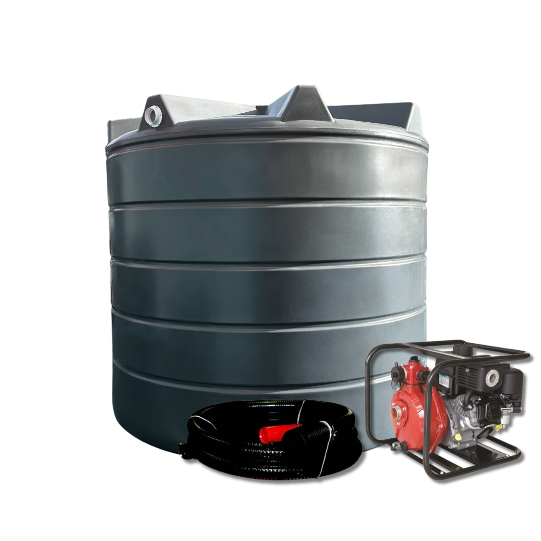 10,000L Round Straight Wall Tank and 6.5HP Briggs & Stratton Single Stage Fire Pump and Hose Kit - Zone 3