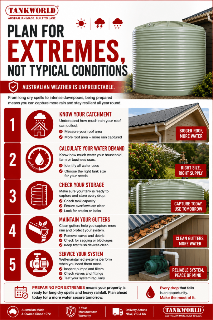 Checklist showing practical ways Australian property owners can prepare for unpredictable weather by maintaining gutters, calculating water demand, checking tank capacity and servicing rainwater systems.